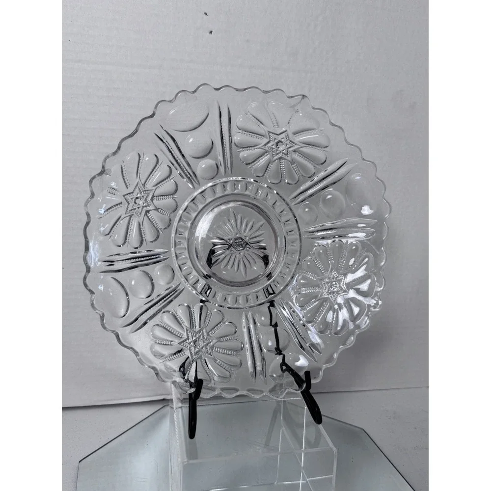 Vintage Clear Pressed Glass Cup Edge Serving Platter Star & Flower Floral Design